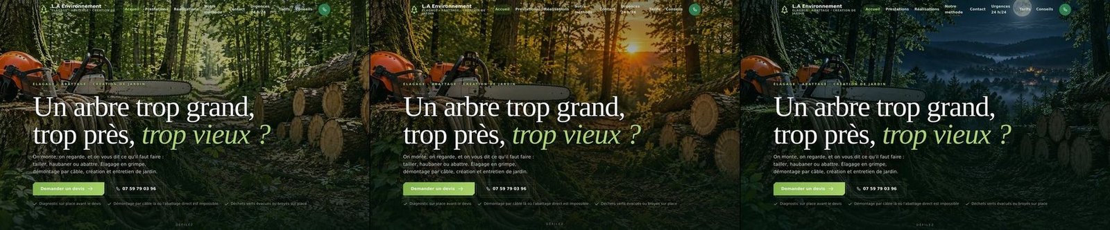 Le même premier écran du site L.A Environnement en version jour, crépuscule et nuit